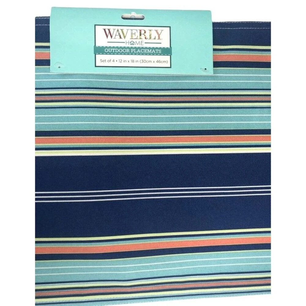 Waverly Placemats Blue Striped Fabric Indoor Outdoor Beach Summer Set of 4